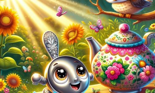 An illustration depicts a small metal character, a little spoon, with a joyful smile and sparkling eyes, standing on a wooden table, ready for adventure, illuminated by rays of sunlight. Next to him is a pretty ceramic teapot with colorful floral patterns, leaning slightly towards the little character as if inviting him to explore the outside world. A wise owl perched on a tree branch, with big round eyes and soft feathers, observes the scene with a kind and curious look, ready to accompany them on their adventure. The main setting is a magical garden filled with vibrant flowers, swaying sunflowers, and colorful butterflies, creating an enchanted atmosphere. The main situation shows the little metal character and the teapot preparing to embark on their adventure while the owl watches them with a smile, all surrounded by the beauty of the sunny garden. Other graphic elements include sunlight filtering through tree leaves, joyful insects flying around, and soft shadows on the ground, adding a touch of magic to this adventure scene.