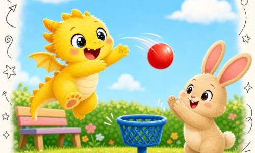 A small fluffy bright-yellow dragon named Sunny, with a wide smile and shining round eyes, joyfully jumps while tossing a shiny red ball toward a small blue hoop; his short wings and chubby paws show enthusiasm. To Sunny's right, Milo, a beige rabbit with soft fur and large pink ears, claps and smiles, ready to catch the ball. In the background, a sunny playground with trimmed green grass, chalk drawings, simple flowers, a small hedge and a pastel wooden bench under a light blue sky with round clouds. Main scene: childlike basketball play, ball frozen midair toward the hoop, bright saturated colors, soft shapes, naive welcoming style with doodle overlays (hearts, stars, motion lines).