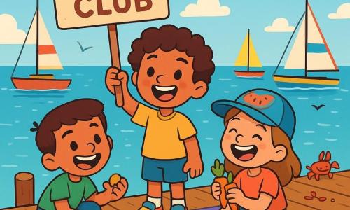 There are three characters: Milo, an 8-year-old boy with curly hair and a large pair of colorful sneakers, standing on an old wooden dock holding a sign that says "Smile Club." Zoey, a 7-year-old girl wearing a blue watermelon-patterned cap, is sitting on a purple rug, laughing heartily with carrots in hand. Samir, an 8-year-old boy with pockets full of shiny stones, is crouched next to Zoey, showing a sparkling stone to a crab wearing a shoe. The scene takes place by a lively marina, with colorful boats gently floating on the shimmering water. The sky is blue with fluffy clouds, and birds are swinging above, while a group of curious crabs scuttles along the wooden dock. The main situation shows the three friends laughing together, surrounded by scattered snacks, while a playful crab wears Milo's shoe. The joyful expressions and playful gestures of the children create an atmosphere of camaraderie and happiness.