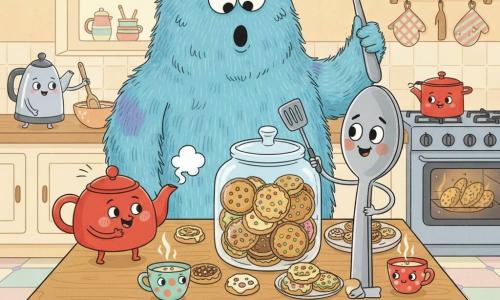 Sammy, a shiny metal spoon with a big round smile and drawn-on eyes, brave and slightly surprised, holds a miniature spatula and waves toward a cookie jar; Tilly, a small plump red teapot with painted rosy cheeks and a smiling whistle, joyful and blowing a puff of steam, sits to Sammy’s left on the counter; the Big Cookie Monster, large and fluffy, blue-furred with big round eyes and an astonished open mouth, stands behind the cookie jar offering a huge fork as a friendly gesture; other kitchen friends include an old silver kettle stirring a wooden spoon and colorful cups clapping around the workspace; the warm, bright kitchen has a light wood counter, pastel tiles, a large glass jar of multicolored cookies in the center, an open oven with patterned mitts nearby and shelves of cute utensils; main scene: a joyful cookie baking contest with characters mixing dough, decorating round funny cookies and sharing golden cookies, comic atmosphere, vivid colors, simple shapes, crisp outlines, and friendly welcoming expressions.