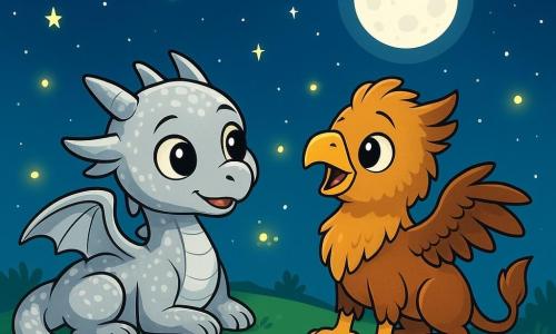 At the top of a lush hill, Liora, a small silver dragon with shimmering scales, lies on the soft grass, her large eyes shining with curiosity and tenderness. She attentively watches a young griffon, Miro, standing beside her, his golden and brown feathers glistening in the moonlight, appearing both shy and determined, ready to sing his first note. The night sky is dotted with twinkling stars, and the full moon casts a gentle silver light over the landscape. Fireflies dance around them, adding a magical touch to the scene. Liora encourages Miro to sing, creating an atmosphere of support and camaraderie. They are surrounded by colorful wildflowers swaying gently in the night breeze, while the sound of crickets resonates in the background, enhancing the melody of the night.