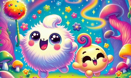 Wally, a small Woolly Wumpus, is an adorable plush character with a round, fluffy body, sparkling round eyes, and joyfully swinging arms. He has a big smile and jumps with joy, holding a handful of colorful Giggleberries. Next to him, Pippin, a fluffy Pudding Puff, is a soft, round character with a creamy texture and a smiling face. He is laughing with his arms raised, ready to dance among the singing flowers. The setting is an enchanted clearing filled with multicolored flowers that seem to dance to a gentle melody, with pink-trunked trees and shimmering leaves under a bright blue sky. The scene shows Wally and Pippin in a joyful dance, surrounded by sparkling Giggleberries and dancing mushrooms, while a little whirlwind named Twizzle envelops them in laughter and glitter, creating a magical and lively atmosphere.