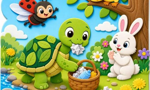 Uma pequena tartaruga verde (personagem principal) de carapaça redonda com padrões em verde claro e escuro, olhos brilhantes e expressão orgulhosa e doce, coloca um papel amarrotado numa pequena cesta de vime; uma joaninha vermelha de pontos pretos voa por cima, sorrindo e incentivando; um coelho branco de pelo fofo aplaude junto a um arbusto; um pintinho amarelo curioso observa do alto de um galho. Cena na margem de um ribeiro cintilante com seixos, relva e flores coloridas, árvores de troncos castanhos e céu azul com nuvens; momento de limpeza e ajuda mútua, atmosfera luminosa, cores vivas, formas simples com contornos grossos e aparência de adesivos de espuma EVA com ligeiro relevo.