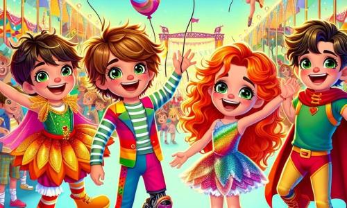 Al centro dell'immagine, quattro amici si riuniscono durante un carnevale colorato. **Ale**, un ragazzo di 10 anni con capelli castani disordinati e un grande sorriso, indossa un costume da clown dai colori vivaci, alzando le braccia in segno di entusiasmo. **Sara**, una ragazza di 9 anni con capelli rossi e occhi verdi, ride mentre tiene un pallone a forma di cane accanto ad Ale. **Giulia**, una ragazza di 10 anni con lunghi capelli lucenti, è travestita da fata con ali scintillanti, danzando felicemente. **Luca**, un ragazzo di 10 anni con una protesi alla gamba sinistra, è vestito da supereroe con un mantello rosso, in piedi con le mani sui fianchi. Sullo sfondo, il carnevale è vibrante con lanterne colorate, carri decorati e persone che ballano, mentre coriandoli volano nell'aria, creando un'atmosfera festosa. I quattro amici, riuniti e felici, godono della magia del carnevale, simboleggiando l'amicizia e la gioia di vivere.