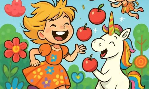 Uma princesa alegre, Mirabela, com cabelos bagunçados na cor dourada e um sorriso radiante, corre por um jardim encantado, suas botas de chuva espirrando gotas de água cintilantes. Ela usa um vestido colorido adornado com flores multicoloridas que dançam ao ritmo de seus movimentos. Ao lado dela, um unicórnio com chifres enrolados como caramelos, e uma crina arco-íris, tenta desajeitadamente fazer malabarismos com maçãs vermelhas brilhantes, rindo de seus próprios fracassos. Uma pequena fada com asas de papel de doce, cabelos rosas e olhos brilhantes, voa ao redor, lançando faíscas de magia que iluminam o jardim. O jardim é um lugar mágico, cheio de flores gigantes de cores vivas, arbustos em forma de corações e árvores com troncos espirais, sob um céu azul radiante salpicado de nuvens em forma de doces. A cena principal mostra Mirabela rindo enquanto tenta fazer malabarismos com as maçãs ao lado do unicórnio, enquanto a fada as encoraja com risadas e faíscas de magia, criando uma atmosfera alegre e lúdica.