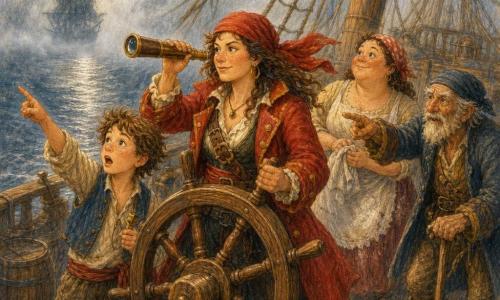 The main character is a female pirate with a round face and mischievous eyes, red scarf blowing, determined stance, holding a spyglass and the tiller, focused and confident with a half-smile (adult woman). A cabin boy of about 12 stands nearby, small and tousled, mouth open in wonder, pointing into the distance with one hand and holding a whistle (boy). A cheerful, plump cook wipes her hands with a cloth, flour on her dress, standing by the wheel watching the horizon (adult woman). An old bearded sailor leans on a cane, wrinkled and wise, pointing toward the fog with a steady, trembling hand (adult man). The scene is on the small wooden deck of the ship Sea Lark with ropes, barrels and tilted sails, a silver-lit sea and grey fog like a curtain; the crew listens to a distant clinking in the mist as a dark ship silhouette and a narrow clear channel of sea appear through the haze; warm colors (red, wood, gold) highlight the crew against cool sea and fog tones (grey-blue, silver).