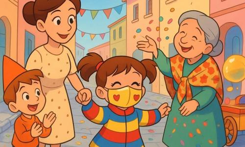 Mila, bambina di 4 anni raggiante e gioiosa, indossa una mascherina dorata con due piccoli cuori e un cappotto a larghe righe rosse, blu e gialle, tiene la mano della madre e fa un passo di danza con un ampio sorriso; la madre, circa 32 anni, capelli castani raccolti in uno chignon, vestito a pois, cammina a destra guardando la figlia con tenerezza; la nonna, circa 65 anni, capelli grigi in chignon basso e scialle a fiori, tiene la mano sinistra di Mila e lancia coriandoli colorati ridendo; Leo, bambino di 6 anni con un cappello appuntito arancione, applaude e si pone un po' avanti a sinistra invitando Mila alla sfilata; strada stretta lastricata con case pastello e festoni triangolari sopra, un piccolo carretto a destra crea bolle di sapone dorate; coriandoli multicolori cadono lievi e una grande bolla di sapone si posa sul cappotto di Mila riflettendo arcobaleni; atmosfera serale luminosa, ombre morbide, colori saturi e tono caldo e festoso.