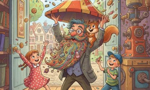 Een uitvinder, professor Flapdrol, glimlachend en verwonderd, met ronde bril en een grote bontgekleurde baard vol kleine voorwerpen, draagt een gevlekt tweedjasje en houdt een enorme open hoed-tent terwijl hij naar de snacks wenkt; zijn assistent Snuitje, een speels jongen-eekhoorntje met ondeugende ogen, hangt aan zijn schouder en springt om een koek te grijpen. Links staat een meisje van ongeveer 7 jaar in een jurk met stippen en vlecht, dat een handvol chips in de hoed gooit; rechts een jongen van ongeveer 8 jaar met een blauwe pet die een zwevende snoep vangt. De scène speelt zich af in het atelier van de professor dat uitkomt op de straat van Wonderdorp: houten vloer, planken vol tandwielen en potten, een roestige maar glanzende machine met buizen en gekleurde knoppen, en door de deur een dorpsplein met suikerhuisjes en regenboombomen. De hoofdactie toont levende snacks (draaide koekjes, springende chips, zwevende snoepjes) in beweging, met kleurrijk confetti overal; alle personages rennen en lachen terwijl ze de snacks in de grote hoed verzamelen, feestelijke, lichte en vrolijke sfeer met felle contrasterende kleuren, heldere lijnen en eenvoudige vormen geschikt voor jeugillustratie.