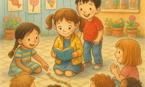 Clara, niña de 6 años, entusiasta y concentrada, con coletas castañas y ojos verdes, arrodillada con un pequeño cuaderno azul abierto; Lucas, niño de 5, aliviado y sonriente, de pie detrás mirando el cuaderno; Ana, niña de 6, traviesa y orgullosa, sentada en postura de piernas cruzadas señalando un sendero de caramelos; varios niños de 5 a 7 años forman un círculo alrededor aplaudiendo; un camino de caramelos rojos y verdes conduce al cuaderno en el centro; trasfondo: patio trasero de una tienda de golosinas con pavimento claro, carteles coloridos, guirnaldas, macetas y una valla de madera azul pálida; luz suave de tarde, ambiente alegre y curioso, texturas de lápices de colores visibles, sombras ligeras y contornos definidos.