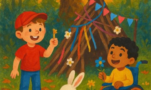 Tres personajes: Lucas, 8 años, con gorra roja y cabello castaño, sonriente y mostrando una pequeña llave metálica brillante; Emiliano, 8 años, piel morena y pelo negro rizado, sentado en una pequeña silla de ruedas colorida y sosteniendo una flor azul mientras mira a Lucas con alegría; y un pequeño conejo blanco de pelaje esponjoso y orejas rosas largas en primer plano entre ambos sosteniendo un huevo de Pascua decorado. En una clara en el bosque al crepúsculo, hierba verde con flores amarillas y violetas y un gran roble detrás de una cabaña central hecha de ramas y cintas coloridas con banderines rosas y azules y flores pegadas. Los amigos acaban de abrir un pequeño cofre en la cabaña y han descubierto un espejo antiguo; Lucas muestra la llave, Emiliano sonríe y el conejo sostiene el huevo como pista. Ambiente alegre y cálido, colores cálidos, trazos de gouache visibles y texturas de pintura espesa.