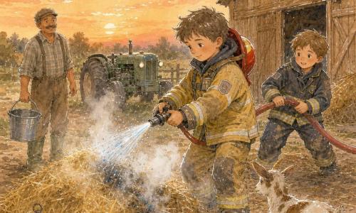 Un pompiere di nome Ettore, volto calmo e concentrato, capelli corti castani, giacca gialla leggermente polverosa e casco rosso spinto sulla nuca, punta un tubo d'acqua alla base di un piccolo incendio di paglia; vicino a lui a destra, leggermente dietro, Nico, giovane di circa 20 anni dal viso energico e uniforme un po' stropicciata, srotola il tubo; a sinistra, a distanza, il signor Lanza, contadino di circa 50 anni dalla pelle abbronzata con pantaloni di tela e stivali, tiene un piccolo secchio con aria sollevata; in primo piano a destra una capretta bianca macchiata di marrone osserva il cumulo di paglia; luogo: piccola fattoria di campagna al crepuscolo con fienile in legno chiaro, paglia dorata, lanterna accanto al fieno, trattore verde sullo sfondo, terreno di terra battuta e erba bassa sotto un cielo arancione pallido; situazione: Ettore irrora delicatamente la paglia fumante con un getto sottile e lucente dal tubo rosso, il fumo grigio si dirada, atmosfera di calma e cooperazione, schizzi d'acqua resi come tocchi di acquerello blu con riflessi bianchi.