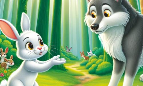 Ein kleiner Hase mit großen Ohren und weißem Fell, neugierigen Augen und einem entschlossenen Lächeln steht mutig vor einem großen grauen Wolf, der überrascht und ein wenig traurig aussieht. Der Hase namens Hoppel streckt eine Pfote in Richtung des Wolfs aus, als wolle er ihm zeigen, dass er Freundschaft möchte. Der Wolf, mit seinen gelben Augen und einem melancholischen Ausdruck, steht leicht im Hintergrund und schaut den Hasen mit einer Mischung aus Erstaunen und Hoffnung an. Die Szene spielt in einer sonnigen Lichtung, umgeben von hohen Bäumen mit leuchtend grünen Blättern, wo bunte Blumen im weichen Gras wachsen. Hoppel versucht, den Wolf zu überzeugen, dass er nicht so böse ist, während die anderen Tiere des Waldes, die sich hinter den Bäumen verstecken, die Szene mit Neugier und einem Hauch von Besorgnis beobachten.