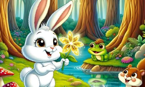 Un iepuraș cu urechi mari, cu blană moale albă ca zăpada și ochi strălucitori de curiozitate, stă în centrul imaginii, uimit de o floare magică care strălucește cu o lumină aurie. Lângă el, o veveriță mică cu blană roșcată și coada pufoasă, cu un zâmbet jucăuș, observă scena sărind de bucurie. Nu departe, o broască mică verde, cu ochi rotunzi și strălucitori, stă pe o frunză, pregătită să sară, afișând o expresie veselă. Scena se desfășoară într-o pădure fermecată, unde copaci majestuoși cu trunchi groși se ridică spre cer, frunzele lor strălucind la soare. Iepurașul descoperă floarea magică care îl transformă într-un mare iepure auriu, exprimând atât surpriză, cât și uimire, în timp ce prietenii săi îl încurajează să își exploreze noile abilități.