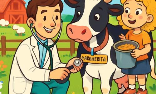 Un veterinario, il dottor Leo, sorridente e benevolo, con capelli castani e un camice bianco, è accovacciato vicino a una grande mucca bianca e nera di nome Margherita. Tiene uno stetoscopio in mano e ascolta attentamente il cuore dell'animale, mostrando un'espressione di gioiosa concentrazione. Vicino a lui, una ragazza di 8 anni di nome Marta, con capelli biondi e ricci, osserva con meraviglia, gli occhi sbarrati, tenendo un secchio di cibo per cavalli. Si trova in piedi su una piccola panca di legno per vedere meglio. Lo scenario è una fattoria soleggiata e affascinante, circondata da campi verdi e fiori colorati, con un cielo blu chiaro e alcune nuvole bianche e soffici. Si vedono recinti con altri animali sullo sfondo, come galline e pecore. La situazione principale mostra il dottor Leo mentre cura Margherita, mentre Marta, eccitata, si prepara a dare da mangiare a un altro animale, creando un'atmosfera gioiosa e piena di vita nella fattoria.