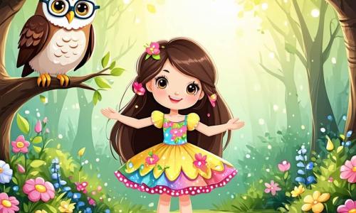 Una bambina di 5 anni, Lila, con lunghi capelli castani e occhi scintillanti di curiosità, si trova al centro di un giardino incantato. Indossa un vestito colorato decorato con fiori e sorride con meraviglia, le braccia aperte come se volesse abbracciare il mondo. Accanto a lei, un vecchio gufo saggio, con piume bianche e occhiali rotondi, è posato su un ramo. Guarda Lila con un'espressione benevola, pronto a trasmetterle la sua saggezza. Il giardino è un luogo magico, pieno di fiori brillanti di tutti i colori, sotto un cielo blu punteggiato di nuvole morbide. Farfalle svolazzano attorno a loro, aggiungendo leggerezza all'atmosfera. La scena principale mostra Lila che fa una domanda al gufo, cercando di capire il significato della felicità, mentre il gufo, con un sorriso saggio, è pronto a offrirle preziosi consigli sulla vita.