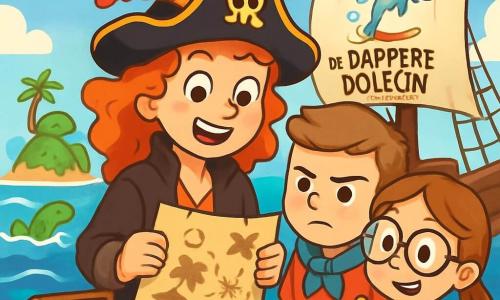 Kapitein Roos is een vrolijke vrouw met lange, krullende rode haren, die een piratenhoed draagt versierd met een grote gekleurde veer. Ze glimlacht enthousiast, met sprankelende ogen vol avontuur, terwijl ze een schatkaart in haar handen houdt. Naast haar staat Stoere Sam, een sterke jongen van ongeveer 10 jaar met een blauwe sjaal en een vastberaden blik, die de kaart aandachtig bestudeert. Slimme Suzie, een 9-jarig meisje met grote ronde brillen en een ondeugende glimlach, leunt over een oude kompas, klaar om haar vriendin te helpen. De achtergrond toont een prachtig piratenschip, De Dappere Dolfijn, dat over glinsterende golven vaart onder een heldere blauwe lucht met donzige witte wolken. Op de achtergrond is een mysterieuze schildpadvormige eiland te zien, omringd door palmbomen en gouden stranden. De hoofdscène toont Kapitein Roos en haar vrienden die hun volgende avontuur plannen, omringd door glinsterende schatten en mysterieuze voorwerpen, met een sfeer vol opwinding en kameraadschap.