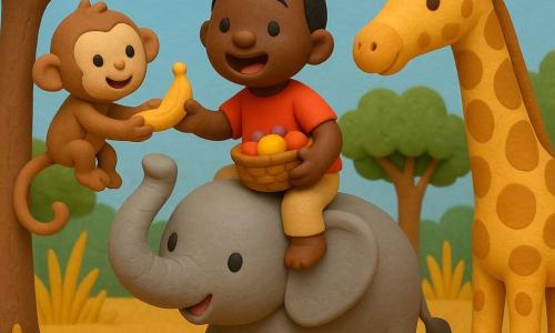 Kofi, uomo dalla pelle bruna e capelli corti neri, con camicia rossa e pantaloni beige sorride seduto sul dorso di un grande elefante grigio dalla pelle liscia e proboscide alzata, tiene un piccolo cesto di vimini con frutta; una scimmietta marrone chiaro gli porge una banana da un ramo e una giraffa slanciata dalle macchie dorate piega il collo per dargli ombra. La scena è una radura ai margini della foresta africana con erba alta dorata, alberi dal tronco bruno e fogliame verde e un cielo azzurro con qualche nuvola; atmosfera calda e serena, colori vivaci, composizione centrata e forme semplici adatte ai bambini.