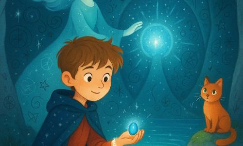 Un joven mago llamado Elio, de rostro curioso y cabello castaño claro despeinado, sentado en una piedra lisa sostiene en la palma una pequeña piedra azul brillante que se transforma en un brazalete luminoso alrededor de su muñeca mientras Saila, una alta y esbelta bruja del viento de piel pálida y cabellos flotantes como nubes, la mira sonriendo y canaliza el viento; al borde de la caverna, el gato Lumbre, pequeño y rufo con ojos verdes, espera sobre una roca cubierta de musgo; la escena ocurre en una gran caverna circular de paredes oscuras salpicadas de luces como estrellas con constelaciones talladas, estalactitas finas, un estanque que refleja recuerdos y un núcleo azul profundo que emite ondas de luz; situación principal: Elio recibe un encantamiento de calma; atmósfera suave en tonos azul noche, turquesa y plata con polvo de estrellas brillante.