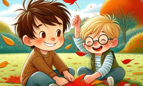 Two little boys, Oliver and Leo, are at the center of the scene. Oliver, a 6-year-old with messy brown hair and a bright smile, holds a large red leaf in his right hand. Next to him, Leo, also 6, with blonde hair and round glasses, raises a yellow leaf above his head while laughing. They are sitting on soft grass, surrounded by colorful leaves falling from the trees. The setting is an autumn park, with a large oak tree featuring golden and copper leaves, and the ground covered in a carpet of multicolored leaves. In the background, the sky is light blue with fluffy white clouds, and the sun shines gently, illuminating the scene with warm light. The main focus shows Oliver and Leo creating a large colorful sun with the leaves they collected. They are focused and joyful, surrounded by scattered leaves, while the wind makes the leaves dance around them, adding a magical touch to their autumn activity.