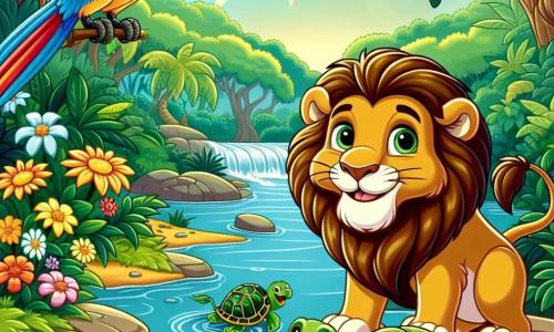 Un león majestuoso llamado Leo, con una hermosa melena dorada que brilla al sol, se encuentra orgulloso y sonriente al borde de un arroyo. Sus grandes ojos brillantes de determinación muestran que está listo para ayudar. A su lado, una tortuga llamada Tula, con un caparazón verde y ojos dulces, lo observa con admiración, sentada sobre una piedra plana, lista para animar a su amigo. En el fondo, un loro colorido, Lolo, con plumas brillantes de rojo, azul y amarillo, vuela alegremente a su alrededor, añadiendo un toque de dinamismo a la escena. El lugar es una jungla exuberante, llena de follaje verde, flores brillantes y un arroyo que serpentea a través del paisaje. En esta situación principal, Leo utiliza su fuerza para liberar un pez atrapado en una vieja red de pesca, mostrando así su valentía y amabilidad hacia los demás animales del bosque.