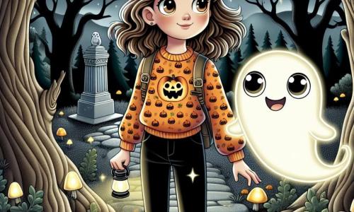 A 12-year-old girl named Lily stands at the center of the scene, her eyes shining with curiosity and excitement. She has wavy brown hair, wearing an orange sweater with a pumpkin pattern and black pants. She holds a small flashlight, lighting the path ahead, while a slight smile brightens her face. Beside her floats a small ghost named Casper, who is a friendly, translucent, glowing ghost with large round eyes and a mischievous smile. He seems to encourage Lily, ready to accompany her on her adventure. The setting unfolds in an enchanted forest, where twisted trees with slender branches rise towards the night sky. Luminescent mushrooms and sparkling fireflies light up the ground, creating a magical and mysterious atmosphere. The moon shines high in the sky, casting a soft silver light on the scene. Lily and Casper head towards a stone pedestal in the clearing, where the golden crown of the Pumpkin King rests. They are on a quest to retrieve the crown, surrounded by the aura of mystery and adventure that fills Halloween night.