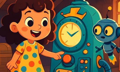Una niña de 6 años, con cabello rizado y ojos llenos de curiosidad, se encuentra frente a una brillante máquina del tiempo. Lleva un vestido de lunares coloridos y muestra una gran sonrisa de emoción. Junto a ella, una pequeña criatura robótica, Tiki, con un cuerpo metálico y ojos luminosos, flota en el aire, lista para acompañarla en su aventura. El escenario se desarrolla en un viejo desván lleno de tesoros olvidados: baúles polvorientos, juguetes antiguos y telarañas brillantes bajo la luz tenue de una ventana. La niña, asombrada, se prepara para presionar el botón rojo de la máquina, impaciente por comenzar su viaje en el tiempo.