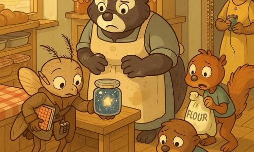 Milo, a small bedraggled anthropomorphic moth detective with a gentle, focused face, holds a jar of starry jam at the counter, notebook under his wing, pencil behind his ear and metal clips in his pocket, determined and attentive; Mrs. Briar, a plump badger baker with floury hands and a stained apron, stands behind the counter looking both angry and worried; Pip, a nervous little squirrel with guilty eyes, holds a spilling bag of flour slightly behind to the right; Skiff, an embarrassed young otter with sticky hands and a tool at his belt, crouches by an open wooden crate that hid the jar, ashamed but ready to help; Nora, a gentle otter seamstress, stands by a beaded curtain holding green thread, surprised but forgiving. Interior: warm beige bakery with wooden shelves of shiny jars, metal trays, checkered cloths and varnished floorboards with an open hatch, golden light through the window, floury sweet atmosphere. Scene: Milo displays the starry jam on the counter center stage while the others form a semicircle showing guilt, forgiveness and relief, medium shot with a slight top-down angle to reveal the counter and open hatch, clear-line style, saturated soft colors, crisp lines and visible wood and sparkling sugar textures, warm optimistic mood.