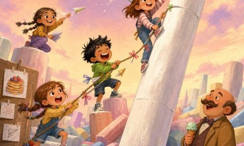 An 8-year-old girl, joyful and determined with chestnut hair in rebellious wisps and laughing eyes, wearing a paper 