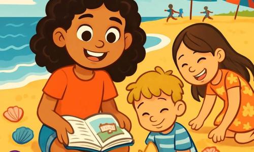 Een 10-jarig meisje, Noor, met prachtige krullende haren en sprankelende ogen, zit op het gouden zand van het strand met een grote glimlach op haar gezicht. Ze houdt een open boek op haar knieën, omringd door kleurrijke schelpen. Naast haar bouwt haar 6-jarige broertje Bram, met zijn rommelige blonde haar en gestreept t-shirt, een zandkasteel met zijn handen vol gouden korrels. Samira, Noor's beste vriendin van 10 jaar, met lang, steil haar en een bloemenjurk, bukt om schelpen op te rapen en lacht vrolijk. De plek is een levendig strand, met glinsterende golven die zachtjes op de kust breken, kleurrijke parasols en kinderen die verderop spelen. De hoofdscène toont Noor en haar vrienden die in hun spel zijn verdiept, zich verbeeldend dat ze op reis in Italië zijn, omringd door hun zandcreaties en gelach, en onvergetelijke zomermomenten creëren.