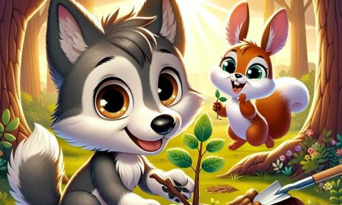 Um pequeno lobo chamado Lucas, com pelagem cinza e olhos brilhantes de curiosidade, está plantando uma pequena muda de árvore na terra, exibindo um grande sorriso no rosto. Ao seu lado, um alegre esquilo de pelos ruivos, com uma expressão entusiasmada, segura uma pequena pá e observa Lucas com admiração. Um travesso coelho branco, com grandes orelhas, salta ao redor deles, com os olhos brilhando de excitação, segurando outra muda de árvore em suas patas. A cena acontece em uma floresta verdejante, iluminada pela luz dourada do sol, com majestosas árvores ao fundo e flores coloridas espalhadas pelo chão. Os raios de sol filtram-se pelas folhas, criando um jogo de sombras e luzes no solo. Lucas e seus amigos estão trabalhando juntos para plantar árvores, simbolizando seu compromisso em proteger a floresta e lutar contra as mudanças climáticas. A atmosfera é alegre e cheia de esperança, mostrando a importância da amizade e da cooperação para preservar a natureza.