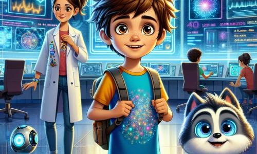 Um garoto de 12 anos, Lucas, com cabelos castanhos bagunçados e olhos brilhantes de curiosidade, está diante de um laboratório futurista. Ele usa uma camiseta colorida e um short, com uma mochila pequena cheia de gadgets. Seu rosto expressa excitação e admiração enquanto observa telas luminosas exibindo dados sobre energia quântica. Ao seu lado, Max, um pequeno robô de companhia em forma de cachorro, com pelagem azul metálica e olhos luminosos que mudam de cor, observa atentamente as telas, pronto para ajudar Lucas em sua aventura. A Dra. Sofia, uma mulher de cerca de trinta anos com óculos futuristas e cabelos castanhos presos em um coque, está atrás deles, com as mãos na cintura, exibindo uma expressão de orgulho e determinação. O laboratório é uma estrutura moderna, com paredes de vidro transparente, luzes LED coloridas e equipamentos tecnológicos futuristas. Plantas bioluminescentes decoram o espaço, adicionando um toque de magia ao ambiente. A cena principal mostra Lucas e Max descobrindo segredos fascinantes sobre energia quântica, enquanto a Dra. Sofia os orienta, todos cercados por telas holográficas e dispositivos de alta tecnologia, prontos para proteger sua descoberta de ameaças externas.