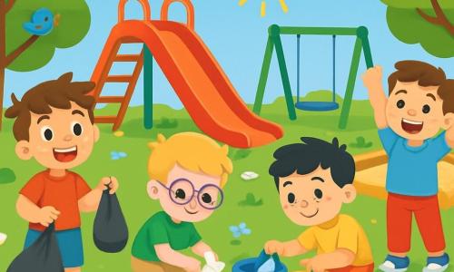 Há 4 crianças: - Pedro: um menino de 5 anos com cabelo castanho bagunçado, vestindo uma camiseta vermelha e um short azul. Ele sorri amplamente e segura um saco de lixo em uma mão. - Lucas: um menino de 5 anos com cabelo loiro e óculos redondos, vestido com uma camiseta verde e uma calça bege. Ele está pegando um papel do chão com uma expressão concentrada. - Tiago: um menino de 5 anos com cabelo preto e sardas, vestido com uma camiseta amarela e um short laranja. Ele está agachado, separando lixo em sacos coloridos. - Rafael: um menino de 5 anos com cabelo castanho e um grande sorriso, vestindo uma camiseta azul clara e uma calça vermelha. Ele está em pé, levantando os braços para cima, como se estivesse incentivando seus amigos. A cena principal ocorre em um parquinho ensolarado, repleto de brinquedos coloridos: um grande escorregador vermelho, balanços verdes e uma caixa de areia dourada. Árvores frondosas cercam a área de recreação, e flores multicoloridas crescem ao redor. O chão está coberto de lixo que as crianças estão recolhendo. A situação principal mostra as crianças limpando o parquinho, sorridentes e motivadas, com sacos de lixo aos pés. Elas trabalham juntas para deixar o lugar mais bonito, enquanto pássaros cantam nas árvores e o sol brilha acima delas.