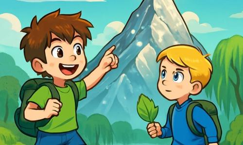 There are 2 main characters: Milo, a 10-year-old boy with messy brown hair and freckles on his face, wearing a bright green t-shirt and denim shorts, standing on the left with excited eyes pointing at the mountain top; and Finn, a 10-year-old boy with blonde hair and sparkling blue eyes, dressed in a blue shirt and beige pants, standing to the right of Milo, holding a shiny green leaf in his hand, looking determinedly at the mountain. The setting is the Silver Mountain, majestic and sparkling under the sun, with its slopes covered in shiny rocks and quartz veins that catch the light, while soft clouds float around its peak. Below, a mysterious marsh stretches out, with light mists and weeping willows with drooping branches. The main situation of the story shows Milo and Finn, brave and determined, climbing the Silver Mountain to retrieve the Heart of Stone, a magical stone glowing with golden light. They move forward together, their faces marked by excitement and adventure, ready to face the challenges ahead.