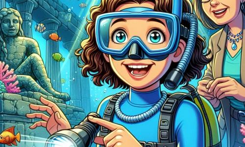A 12-year-old girl, Amelia, with curly brown hair, is wearing a blue wetsuit and a diving mask. She has bright, excited eyes and a wide smile on her face, holding a flashlight in one hand and pointing at a mysterious object in the water. Next to her, Dr. Marina Talbot, a woman around 40 with brown hair and glasses, is observing intently with a determined look, ready to explore the depths. Their environment is an ancient underwater site, with stone ruins covered in colorful corals and tropical fish swimming around them. Rays of light filter through the water, illuminating the details of the marine sculptures. The main scene shows Amelia and Dr. Talbot discovering the legendary Sea Sapphire, a shining gem resting on a pedestal, surrounded by mystery and beauty, as they prepare to protect this treasure from treasure hunters.
