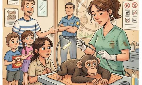 Veterinária na casa dos 30, rosto sereno e concentrado, cabelo castanho preso em rabo, bata verde com manchas de feno, luvas manuseando delicadamente uma pinça de endoscopia sobre a mesa de exame; emoção: determinação calma. Cuidadora Joana, ~28 anos, cabelo escuro solto, roupa bege, ajoelhada junto à coberta da chimpanzé segurando uma lâmpada suave, observando com preocupação afetuosa. Cuidador Tiago, ~30 anos, barba rala, camisola às riscas, à esquerda a fazer um gesto de conforto, sorriso nervoso. Agente de segurança Rui, ~40 anos, uniforme azul, ao fundo junto à porta, braços cruzados, vigilante. Chimpanzé Kira, jovem fêmea de pelo castanho claro, olhos grandes, deitada numa coberta quente, olhar atento; pequeno fragmento de plástico brilhante sobre a mesa antes de ser retirado. Dois visitantes: menino ~11 anos com um saco de batatas fechado na mão, curioso e envergonhado; menina ~11 anos com trança, mãos juntas, emocionada. Sala: pequena sala de consulta do pavilhão dos primatas, paredes com desenhos e cartazes “Não alimentar”, mesa inox com instrumentos organizados, luz quente e janela para um recinto com lianas e cordas. Situação: intervenção calma e colaborativa para remover o plástico, ambiente educativo e reconfortante, cores quentes com toques de verde, castanho e amarelo, traços suaves e expressões claras.