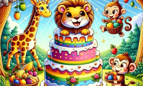 Um leão alegre chamado Leo, com uma juba dourada brilhante e um grande sorriso, está no centro da cena, segurando um enorme bolo colorido que começa a inclinar. Ao lado dele, uma girafa chamada Gigi, com um pescoço longo e manchas marrons, sorri segurando uma cesta de frutas coloridas. Um pequeno macaco travesso, Mimi, com pelagem marrom e olhos brilhantes, está pendurado em um galho, pronto para pular no bolo. A cena acontece em uma floresta encantada, com árvores de folhas verdes vibrantes, flores multicoloridas e raios de sol filtrando através dos galhos. Leo, cercado por seus amigos, está prestes a dançar sobre o bolo que ameaça desmoronar, criando uma atmosfera de alegria e diversão.