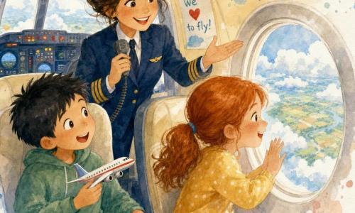 The pilot is a smiling woman in her thirties with brown hair in a bun, wearing a navy jacket with gold epaulettes and holding a cabin microphone; a redheaded, freckled girl of about seven presses her nose and hands to a round window smiling, seated front row right; an eight-year-old boy with black crew-cut hair holds a small plastic airplane, seated left and leaning toward the window; the bright cabin has cream seats, red seatbelts, round windows showing cottony clouds and patchwork fields, and a dashboard with colorful buttons and dim lights; the main scene shows the pilot standing by the open cockpit welcoming the awed children, with a soft, pastel watercolor atmosphere and controlled watercolor clouds.