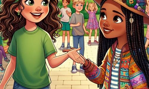No centro da imagem, Clara, uma menina de 12 anos com cabelos castanhos e cacheados, usa uma camiseta verde e um short de jeans. Ela sorri amplamente, expressando alegria e entusiasmo, enquanto estende a mão para Sofia, mostrando amizade. Ao lado dela, Sofia, também de 12 anos, com pele morena e cabelos negros trançados, veste uma jaqueta colorida e um chapéu decorado com botões. Ela sorri timidamente, mas seu olhar brilha de excitação. O cenário é o pátio de uma escola ensolarada, com árvores verdes e brinquedos coloridos, onde crianças brincam, criando uma atmosfera alegre. A imagem captura o momento de conexão e aceitação entre Clara e Sofia, simbolizando a amizade.