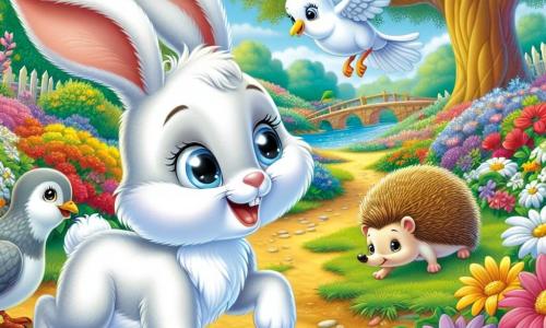 Un giovane coniglio dalle grandi orecchie, con un pelo bianco splendente, salta gioiosamente in mezzo a un campo di fiori colorati, i suoi occhi brillanti di eccitazione e un grande sorriso sul volto. Nelle vicinanze, una tortora grigia dalle ali delicate batte le ali, con uno sguardo scintillante di curiosità, mentre un riccio dalle spine dorate, un po' in disparte, osserva con aria concentrata, grattando il terreno con le sue piccole zampe. Il luogo è un parco incantevole, pieno di fiori vivaci, con un grande albero di quercia maestoso sullo sfondo e un ruscello scintillante che serpeggia dolcemente attraverso il paesaggio. La scena principale mostra il giovane coniglio e i suoi amici mentre scoprono una mappa misteriosa, piena di promesse di avventura, pronti a partire alla ricerca di un tesoro nascosto.