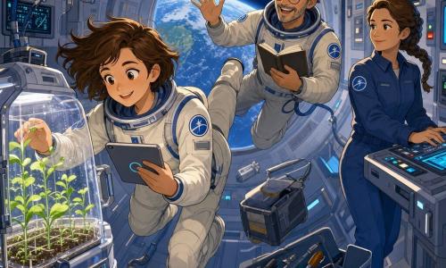 The main character is Captain Mira, a smiling, focused female astronaut with short brown hair floating slightly, wearing a light spacesuit with a blue insignia; she holds a tablet and adjusts a transparent plant-growth module with fine green sprouts while in microgravity, feet slightly raised and strapped to the wall. Dr. Kenji, about 40 with round glasses and salt-and-pepper hair, floats beside her with a notebook, laughing and waving. Commander Amina, about 38 with braided hair and a calm expression, stands by a control panel with a hand on the console. The scene is the central module of a space station—curved gray walls, silver panels, cables, lit screens, magnetic tools, and a large round porthole showing the dark blue Earth and stars—soft lighting and metallic reflections, a quiet, cooperative microgravity atmosphere.