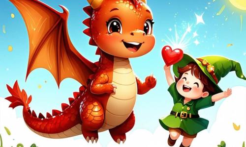 Fiammetta, un piccolo drago con squame rosse e dorate, vola felicemente nel cielo, con un grande sorriso sul volto. I suoi occhi brillano di felicità mentre tiene un cuore di zucchero tra le zampe. Accanto a lei, Lino, un piccolo folletto con un cappello verde a forma di foglia e occhi scintillanti, salta di gioia con le braccia alzate, tenendo un cuore di carta colorata. È pieno di energia e sembra felice di essere con la sua amica. Sullo sfondo, un campo verde è decorato con palloni a forma di cuore che fluttuano nell'aria, e creature fantastiche come gnomi ed elfi danzano attorno a un grande albero adornato di ghirlande di cuori. La scena rappresenta la festa di San Valentino, dove Fiammetta e Lino distribuiscono cuori di zucchero e di carta ai loro amici, creando un'atmosfera gioiosa e festosa piena d'amore e amicizia.