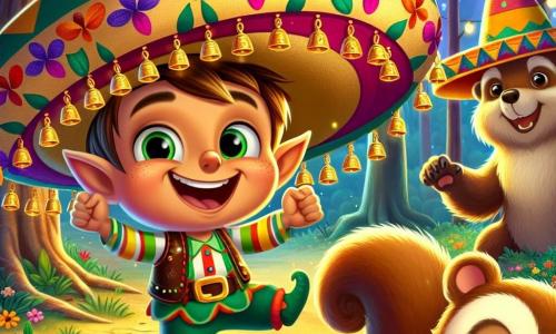 Ilustración de un pequeño duende alegre, con una gran sonrisa y ojos brillantes. Lleva un sombrero colorido adornado con pequeñas campanillas que suenan con cada movimiento. Está bailando con entusiasmo en un claro del bosque, rodeado de guirnaldas de flores luminosas. Cerca, una lechuza sabia con grandes gafas observa la escena desde una rama, sonriendo benevolentemente. Un oso robusto, de pelaje marrón y ojos tiernos, ríe a su lado, mientras una ardilla pequeña y ágil, con una cola esponjosa y ojos curiosos, recoge frutas caídas del suelo con expresión de emoción. El claro del bosque es mágico, iluminado por farolitos brillantes colgados de las ramas. Flores coloridas y hojas doradas cubren el suelo, creando una atmósfera festiva y cálida. La escena principal muestra al duende celebrando el Año Nuevo con sus amigos, en un ambiente de alegría y camaradería, mientras preparan una gran fiesta llena de risas y música. Otros elementos gráficos incluyen una piñata colorida en forma de arcoíris suspendida sobre ellos, frutas y dulces esparcidos por el suelo, y estrellas brillantes en el cielo nocturno, añadiendo magia a la escena.