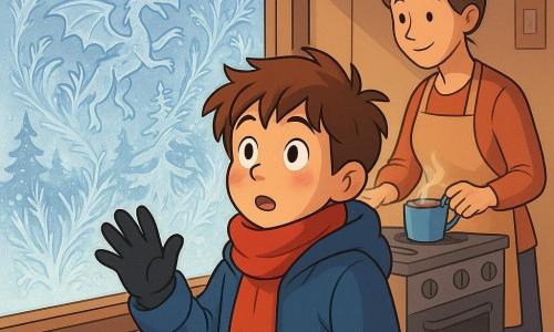 A 12-year-old boy with messy brown hair and rosy cheeks stands in front of a frosted window. He wears a large blue coat, a red scarf, and black gloves, his amazed gaze studying the ice patterns dancing on the glass. Inside the room, his mother, a woman in her thirties with brown hair in a bun, prepares a bowl of hot chocolate on the stove, a gentle smile on her face. Soft morning light filters through the window, illuminating the cozy room where toys are scattered on the floor and a radiator softly hisses. The boy is captivated by the ice crystals, imagining dragons and forests in the patterns, while the fresh winter air flows through the window, creating a magical and peaceful atmosphere.