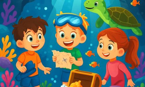 Ci sono 3 personaggi: Marco, un ragazzo di 7 anni con capelli castani disordinati e occhi curiosi, tiene una palma da immersione in una mano e guarda meravigliato intorno a sé; Luca, un ragazzo di 7 anni con capelli biondi e occhiali da immersione sulla fronte, sorride e tiene una mappa del tesoro nell'altra mano; Giulia, una ragazza di 7 anni con capelli lunghi e ondulati raccolti in una coda di cavallo, indossa una muta rosa e osserva una grande tartaruga che nuota accanto a loro. Il luogo è una splendida grotta sottomarina illuminata da raggi di luce che filtrano attraverso l'acqua chiara, con pareti decorate da coralli colorati e pesci multicolori che nuotano intorno, creando un'atmosfera magica. I tre amici scoprono un tesoro scintillante al centro della grotta, una piccola cassa di legno piena di perle brillanti e una conchiglia dorata, mentre un polpo curioso li osserva.