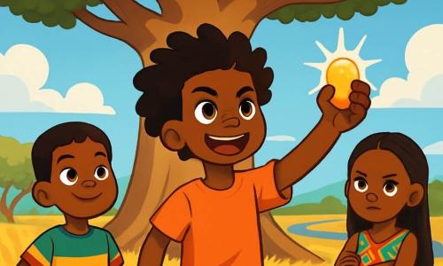 Kwame, een twaalfjarig jongen, staat onder een majestueuze baobab, zijn gezicht straalt vastberadenheid en moed uit. Hij heeft ogen die schitteren als sterren, een warme bruine huid en krullend haar dat in de wind danst. In zijn hand houdt hij een gouden steen die in de zon glinstert, symbool voor zijn kracht en verantwoordelijkheid. Naast hem staat Ayo, een jongen van dezelfde leeftijd met kort haar en ondeugende ogen, die met bewondering toekijkt. Hij draagt een kleurrijk t-shirt en een lichte korte broek, klaar om zijn vriend te steunen. Nia, een dappere twaalfjarige meid, staat iets op de achtergrond met gekruiste armen en een vastberaden uitdrukking op haar gezicht. Ze heeft lange gevlochten haren en draagt een traditionele jurk met levendige patronen. De achtergrond toont een gouden savanne, verlicht door de zon, met hoge grassprieten die in de bries golven. Op de achtergrond glinstert de rivier als een zilveren slang die door het landschap slingert. De lucht is helderblauw met donzige witte wolken. De hoofdscene toont Kwame die zich richt tot een groep dorpsbewoners die om hem heen staan, allemaal aandachtig en nieuwsgierig. Hij heft de gouden steen naar de lucht, klaar om zijn boodschap van rechtvaardigheid en eenheid te delen, terwijl de dorpsbewoners van alle leeftijden hoopvol en geïnteresseerd luisteren.