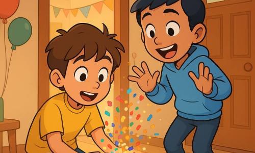 Hay dos niños: Mateo, chico de unos 8 años, pelo castaño despeinado, ojos avellana, camiseta amarilla y vaqueros, agachado a la izquierda frente a la puerta sosteniendo una pequeña caja violeta abierta de la que sale una nube de confeti multicolor; y Nico, chico de unos 8 años, pelo negro corto, sonrisa amplia, sudadera azul claro, de pie a la derecha detrás de Mateo, inclinado con las manos alzadas, sorprendido y maravillado mirando el contenido de la caja; lugar: entrada de casa cálida y colorida con felpudo a rayas, paredes crema con guirnaldas y globos, suelo de madera clara y luz solar cálida entrando por la puerta abierta; situación: ambos acaban de abrir la caja violeta sobre el felpudo y un estallido de confeti y chispas doradas asciende hacia el techo, una luz dorada emana de la puerta representada con curvas luminosas, expresiones de asombro, composición dinámica y alegre, colores saturados, sombras suaves en cel-shading, estilo 3D cartoon.
