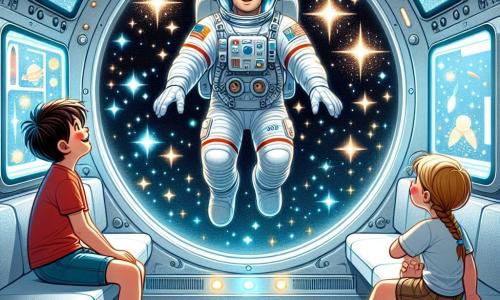 Un hombre, el astronauta Paco, flota alegremente en su nave espacial, vestido con un brillante traje espacial blanco con toques de azul. Su rostro sonríe, y sus ojos brillan de asombro mientras mira por una ventanilla. A su lado, un niño curioso de unos 8 años, con cabello castaño y ojos muy abiertos, observa fascinado el espacio. Lleva una camiseta roja y un pantalón corto, y está sentado en un asiento, con las manos sobre los reposabrazos, cautivado por la vista. Un poco más lejos, una niña de 7 años, con trenzas rubias y una sonrisa radiante, sostiene un pequeño juguete en forma de cohete en sus manos. Ella está de pie, con los pies firmemente plantados en el suelo de la nave, lista para hacerle una pregunta a Paco. La escena transcurre dentro de una nave espacial moderna, con paredes plateadas y luces suaves, y pantallas que muestran imágenes de planetas y estrellas brillantes. Paco explica a los niños la belleza del espacio, mostrándoles las estrellas y los planetas a través de la ventanilla, mientras ellos sueñan con convertirse en astronautas y explorar el universo.