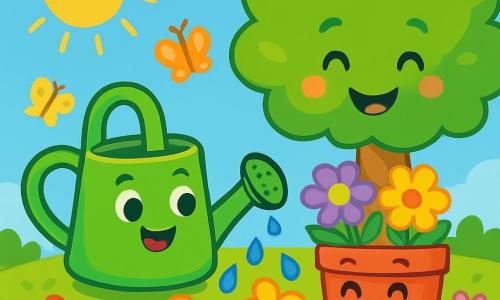 Lila, una pequeña regadera verde, sonriente y chispeante, está en el centro del jardín, llena de agua fresca. Sus ojos brillan de emoción mientras riega las flores coloridas a su alrededor. A su lado, Sol, una maceta roja alegre, está llena de bonitas flores violetas y amarillas. Parece encantada, sus pétalos se abren bajo el suave sol. Un poco más lejos, el gran señor Árbol, un árbol majestuoso con hojas verdes exuberantes, sonríe con benevolencia, sus ramas extendidas ofrecen sombra. El jardín es un lugar encantador, lleno de flores brillantes, mariposas danzantes y un césped verde y suave que brilla bajo los rayos del sol. Lila, llena de alegría, riega con cuidado las flores, creando gotas de agua brillantes que relucen como diamantes al sol, mientras Sol y el señor Árbol disfrutan de este momento mágico juntos.