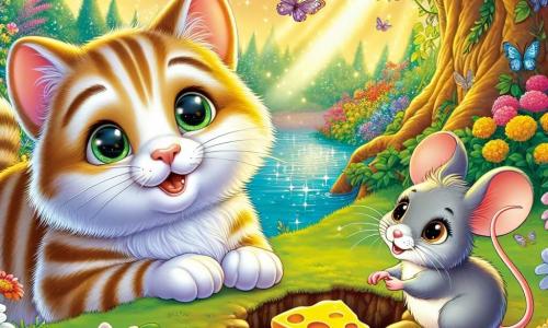 Un piccolo gatto di nome Micio, con un pelo morbido e striato di colori arancio e bianco, mostra un'espressione gioiosa e curiosa mentre si sporge verso un piccolo buco nel terreno, i suoi grandi occhi brillano di eccitazione. Accanto a lui, Mimi, un piccolo topo grigio con grandi orecchie e occhi scintillanti, guarda con speranza, le sue piccole zampe strette attorno a un pezzo di formaggio. Lo scenario è un giardino incantato, pieno di fiori vivaci, farfalle che svolazzano e un laghetto blu che scintilla al sole. Sullo sfondo, un grande albero maestoso offre ombra, i suoi rami carichi di foglie verdi danzano dolcemente al vento. In questa scena, Micio e Mimi stanno celebrando la scoperta del formaggio perduto, circondati dalla bellezza della natura, illustrando l'amicizia e l'avventura in un mondo magico.