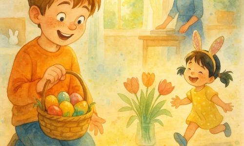 An 8-year-old boy with a round freckled face, messy light brown hair and bright smiling eyes holds a small wicker basket of colored eggs and looks at a rabbit tail feather on the floor; his 5-year-old cousin, with black hair in pigtails and a glittery bunny-ear headband, laughs as she runs toward a clump of tulips; their mother, about 35 with brown hair in a bun, stands by a wooden table with a hand on a stack of linen napkins, smiling; a small white rabbit-tail pompom sits on a low shelf near the bed; the bright living room on Easter morning has a light wood floor, an open window letting in golden light, a basket with green paper grass, spring flowers and scattered shiny eggs; after the egg hunt the boy discovers a small note tied to a sparkling egg, looking amazed and conspiratorial while his cousin laughs and the mother watches affectionately, the scene cheerful, colorful and slightly magical with chocolate, ribbons and watercolor-like sparkles.